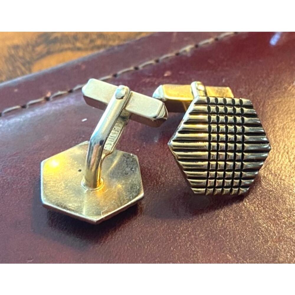 VTG Swank Black and Gold Tone Check Pattern Cufflinks